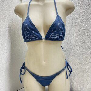 NEW UNDERSTATED Leather Women’s Bootscoot Bikini Set Denim Blue Size M